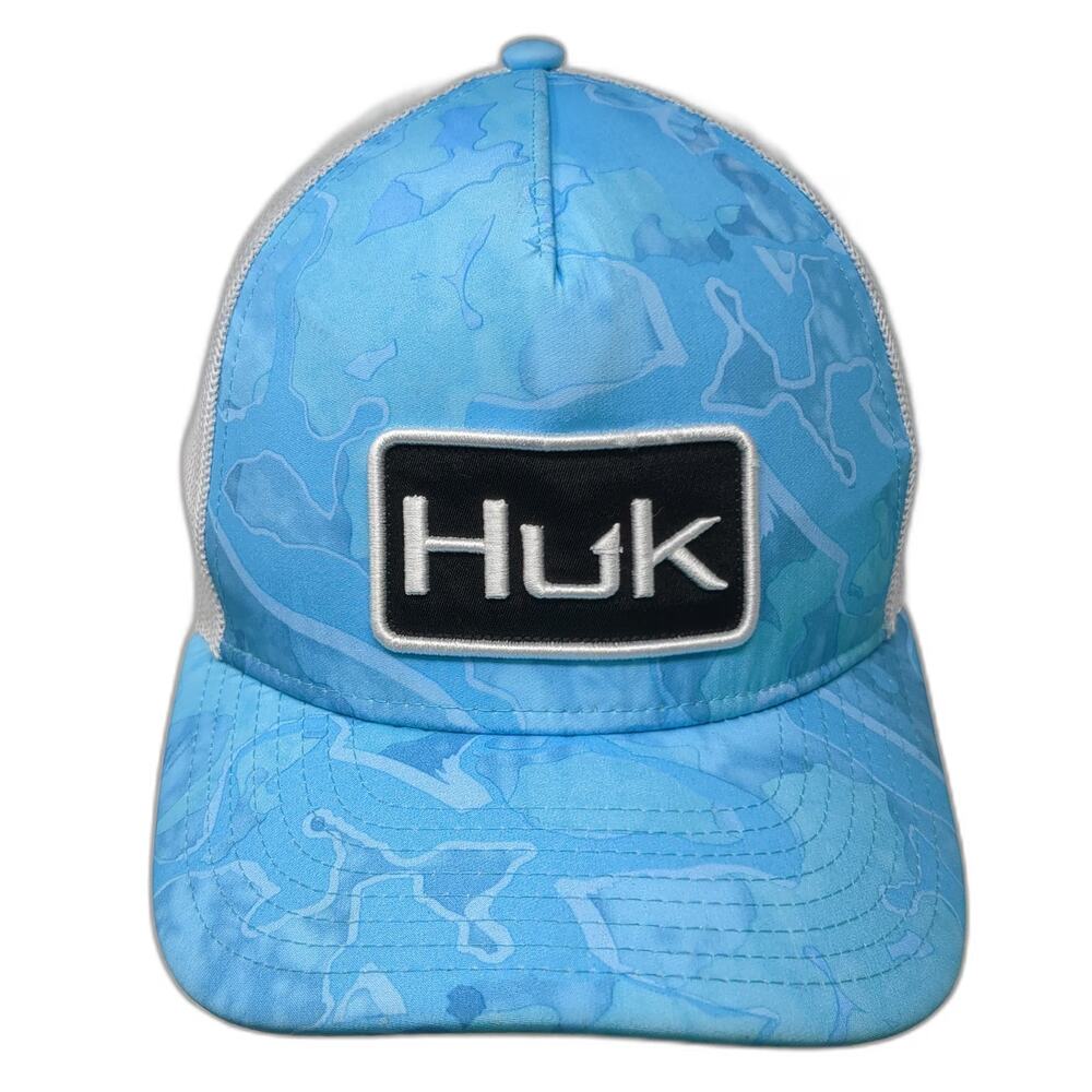 Huk Trucker Hat Blue One Size Fishing Camo Snapback Mesh Flat Brim Patch Cap